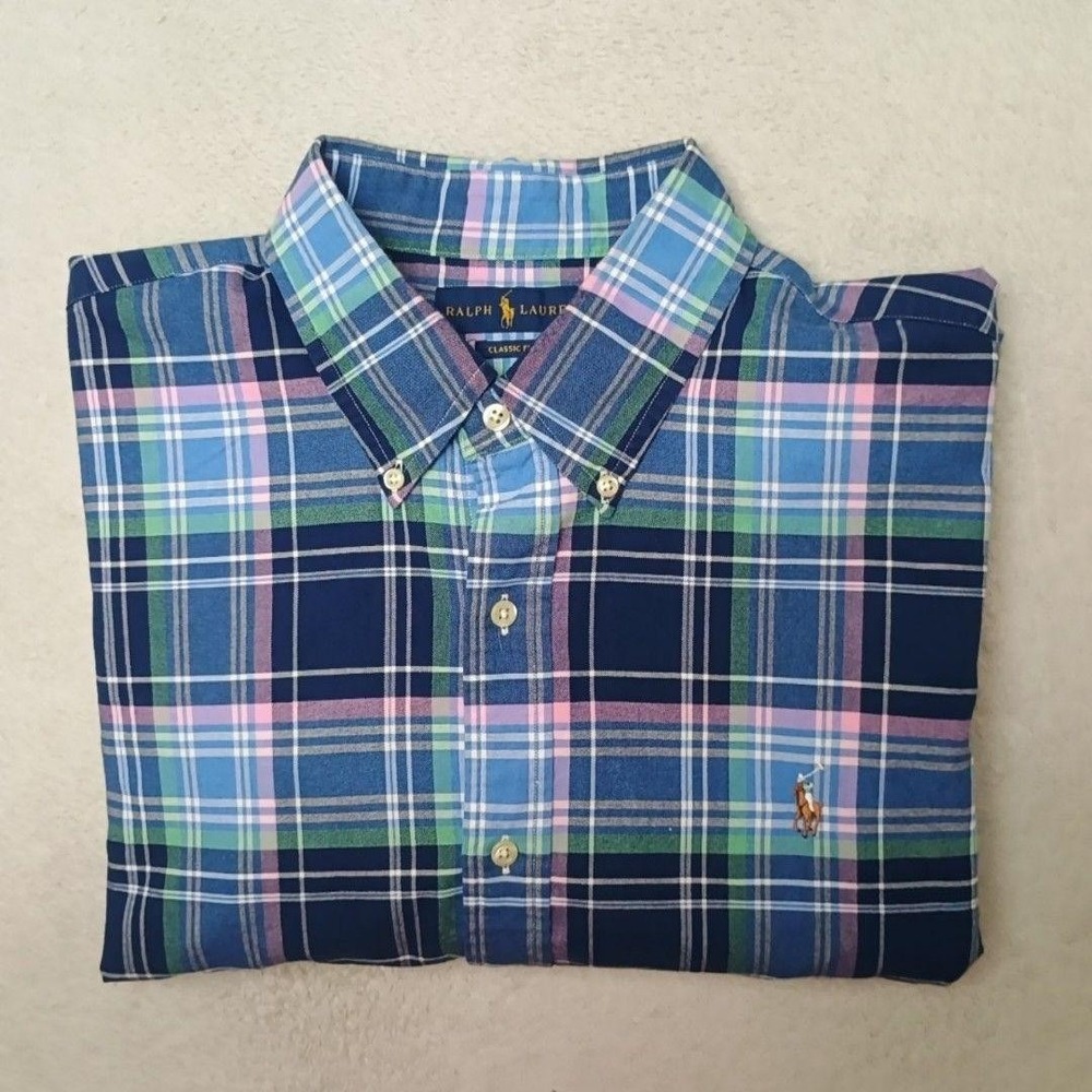 Ralph Lauren Shirt Mens XL Blue Plaid Oxford Button-Down OCBD Classic Flesh Pony